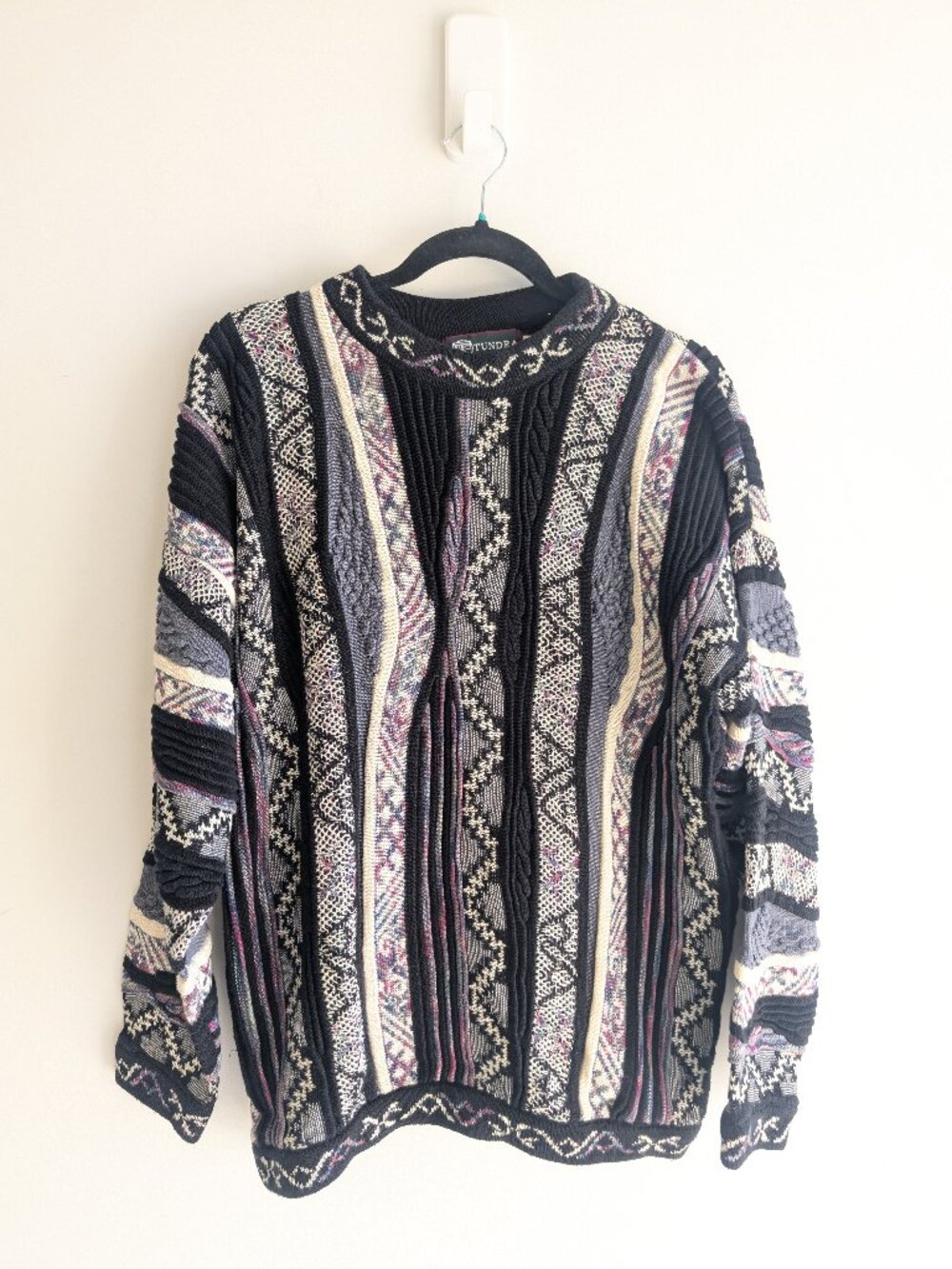 Vintage Tundra Multicolored Striped 3D Textured Knit Crew neck Sweater